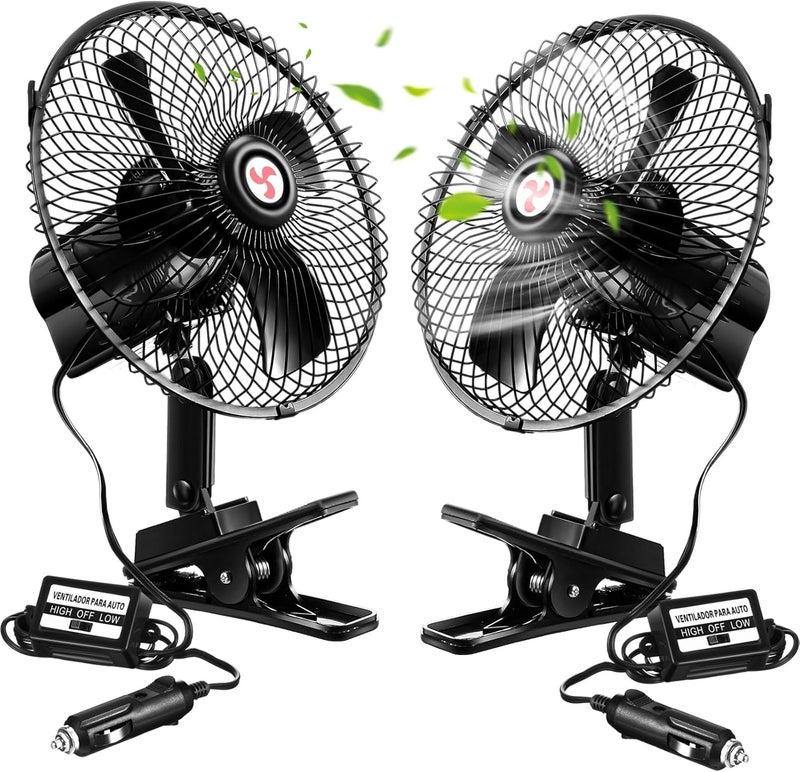 Tujoe 2 Pcs Portable Car Fan with Car Cigarette Lighter Electric Cooling 12 Volt Oscillating Fan 12 Volt Fan Automobile Vehicle 360 Degree Swivel Fan with Clip for Car Truck Supplies, Black (8 Inch) - Image 1
